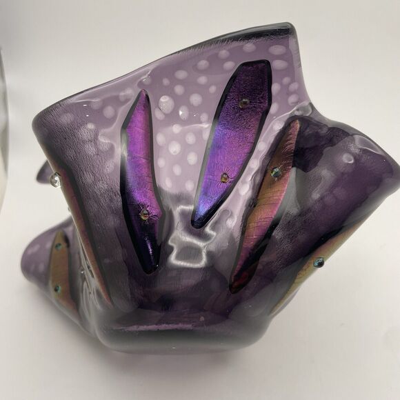 Art Glass Iridescent Dichroic Purple Folded HANDKERCHIEF Vase Bowl Studio Beaded - Picture 8 of 12